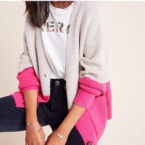 Anthropologie See U Soon Colorblock oversized Cardigan Pink & Oatmeal Size S